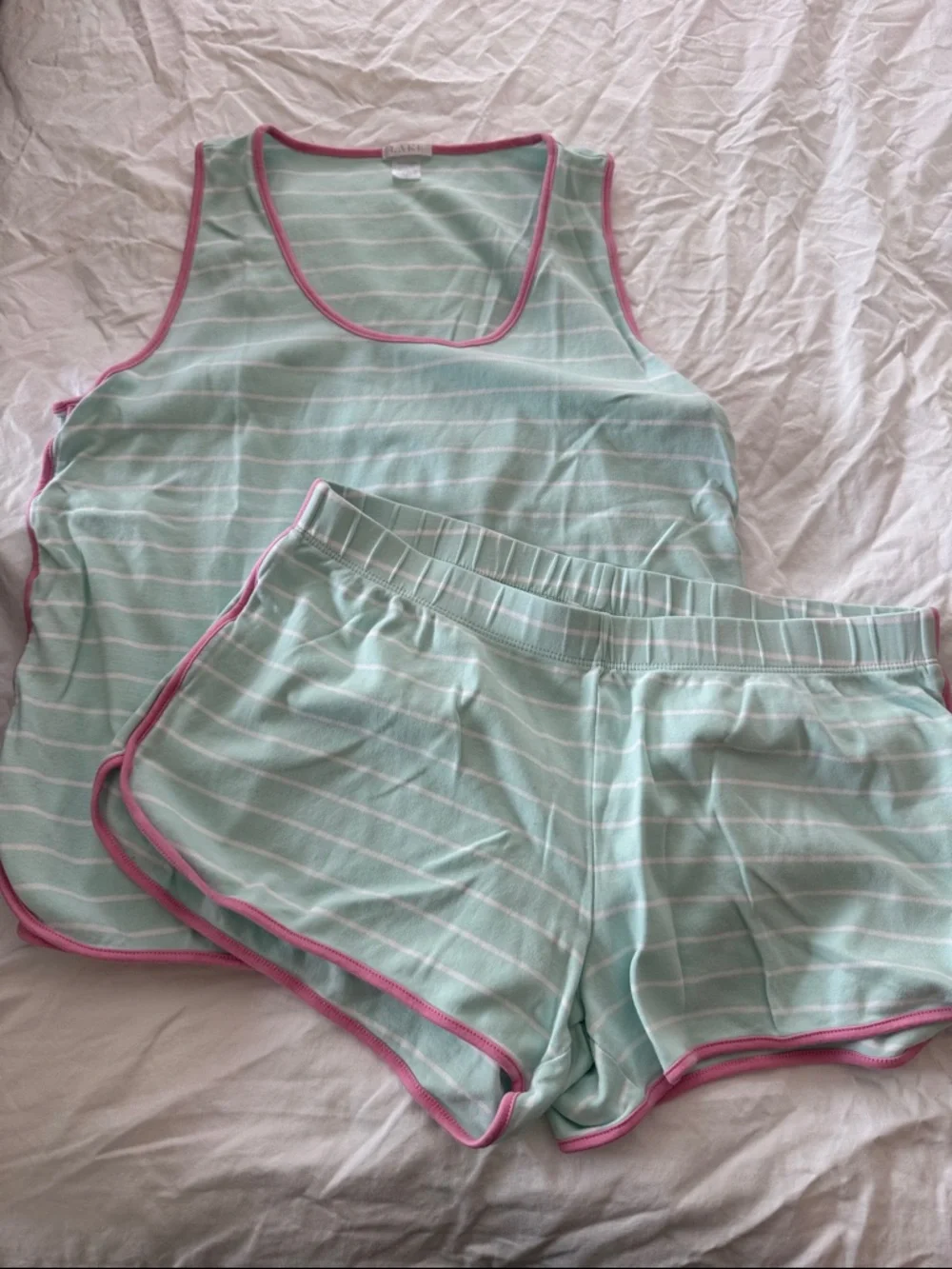 LAKE Mint Green Striped Tank & Short Pajama Set with Pink Trim - Picture 1 of 3